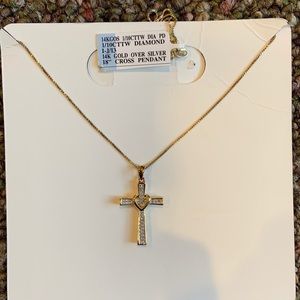 Brand new with tags, 18” long - 14K gold, 1/10 CTTW diamond cross pendant.